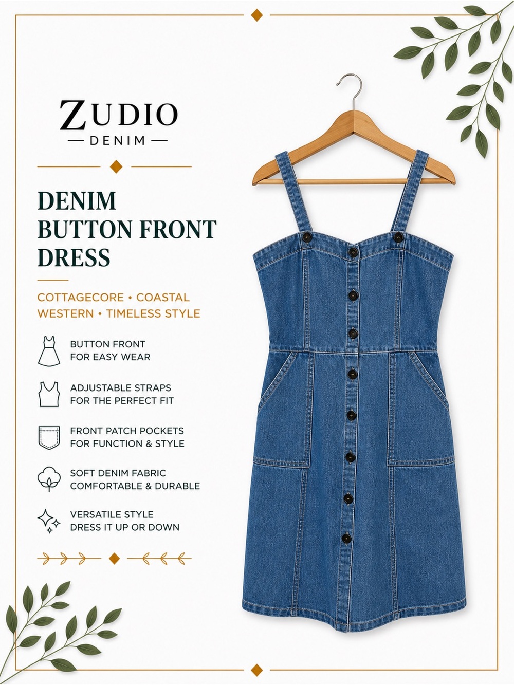 Zudio Denim Button Front Dress Cottagecore Coastal Western Pinafore Midi L